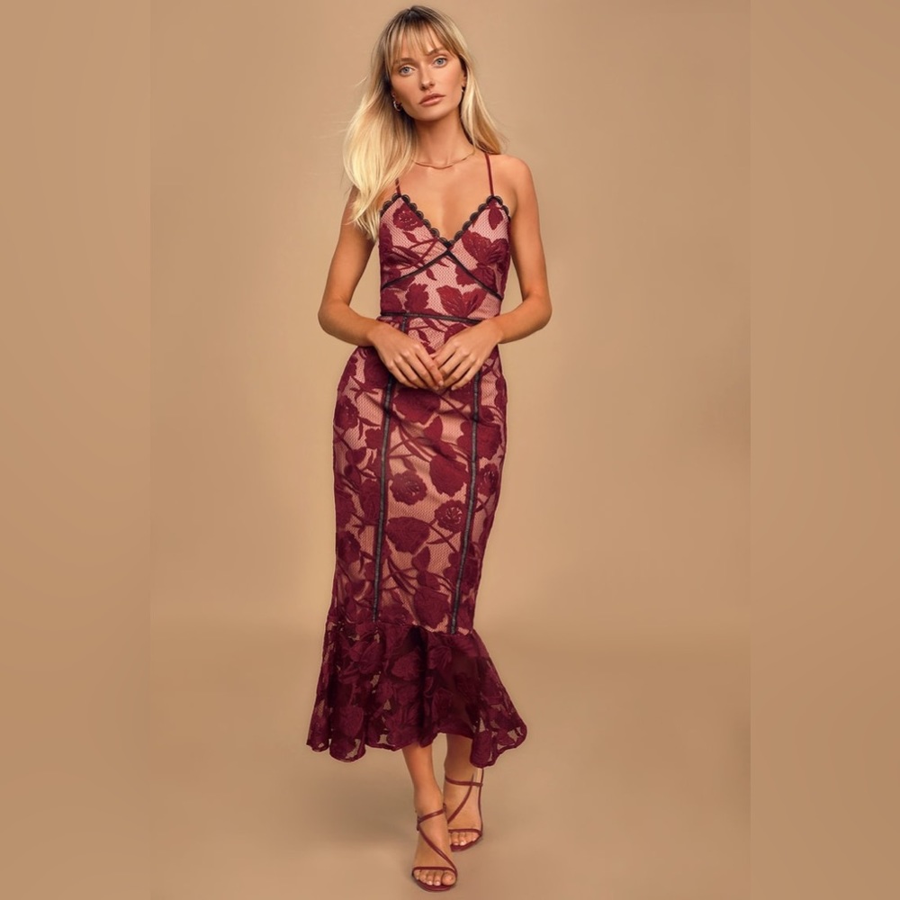 Lulus burgundy trumpet midi dress